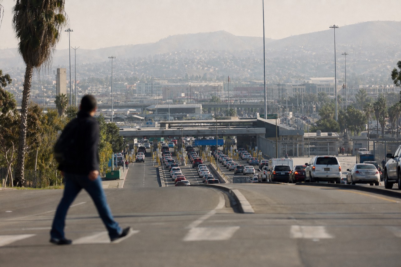 US-Mexico border crossing sign at San Ysidro, no text, no logos, no people