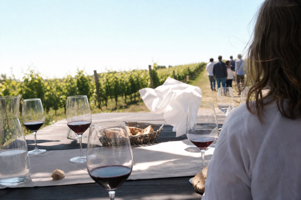 Outdoor tasting table with wine glasses at a vineyard in late morning, no text, no logos, no people