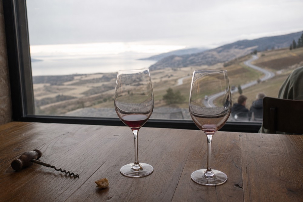 Wine glasses on a tasting table with the valley road leading back toward the coast visible outside, no text, no logos, no people