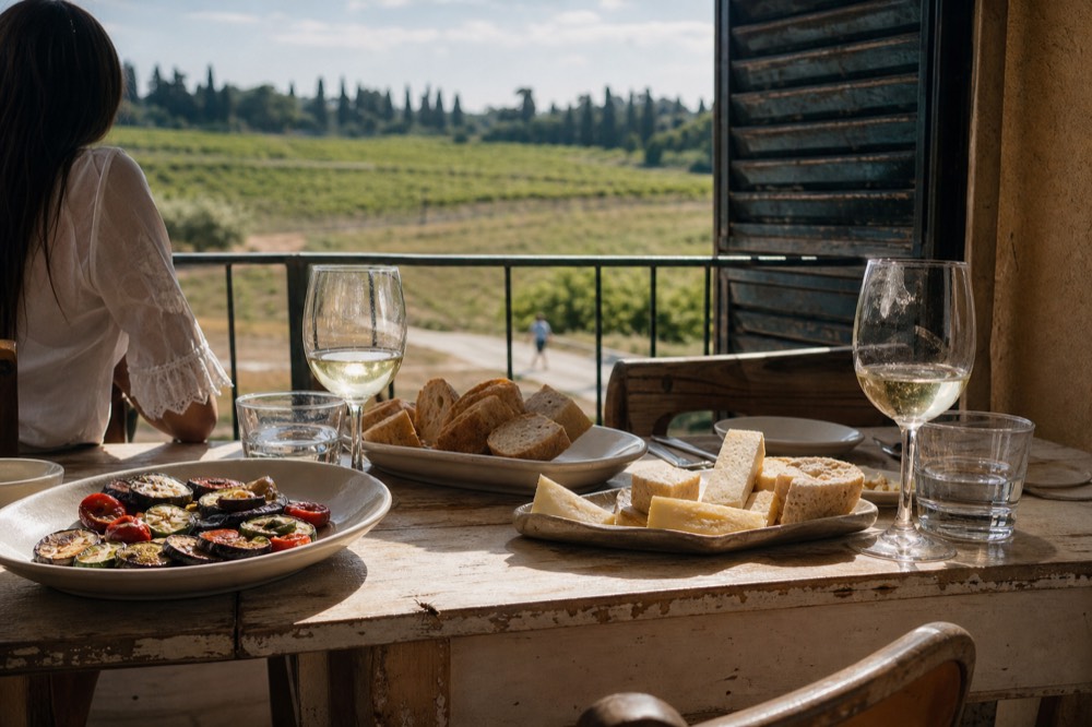 Plates of food on a rustic restaurant table overlooking vineyards, no text, no logos, no people