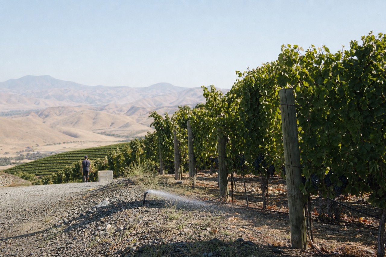 Vineyard rows on a sunny hillside in Valle de Guadalupe, no text, no logos, no people.
