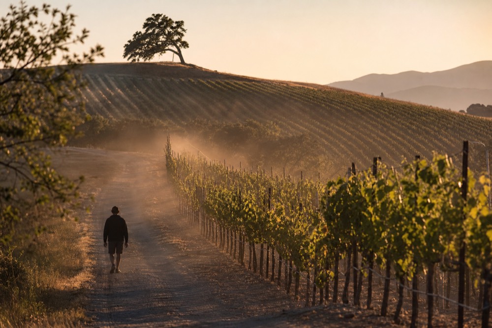 Sunset light over rolling vineyard hills in Valle de Guadalupe, no text, no logos, no people