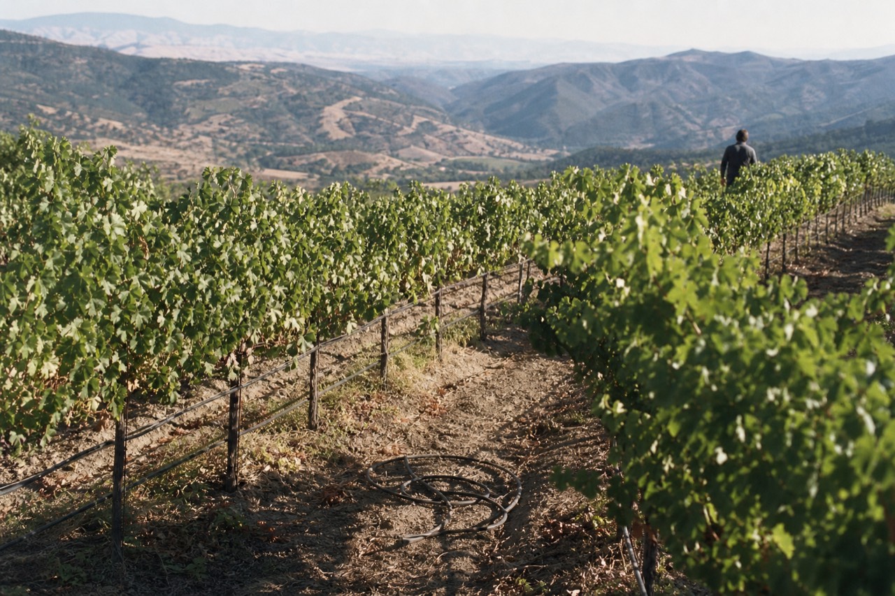 Vineyard rows on a hillside in Valle de Guadalupe under a clear sky, no text, no logos, no people