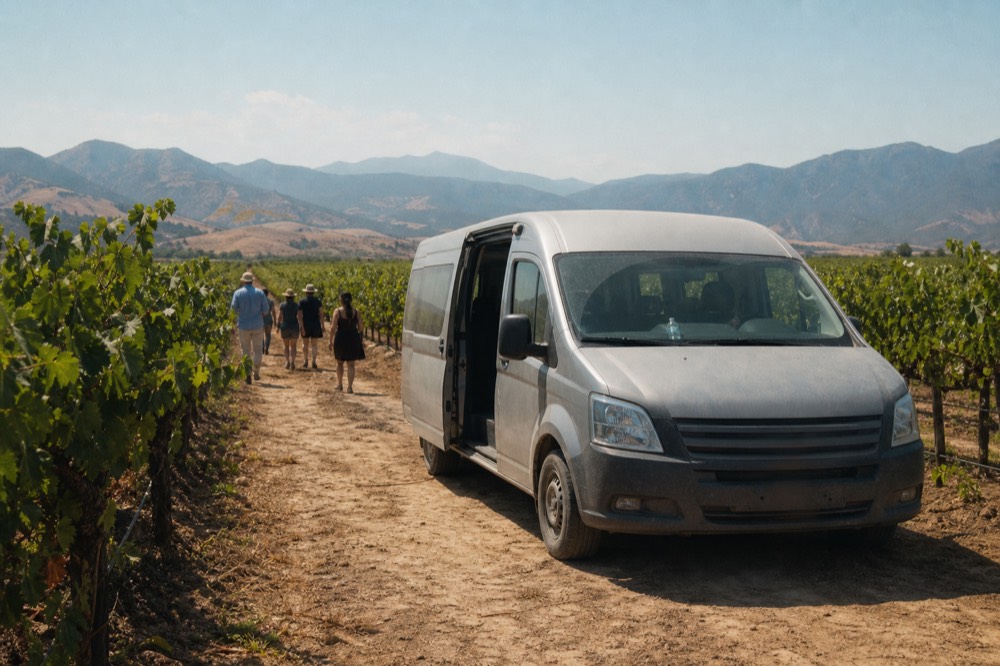 Private tour vehicle parked on a dirt road between vineyard rows, no text, no logos, no people.