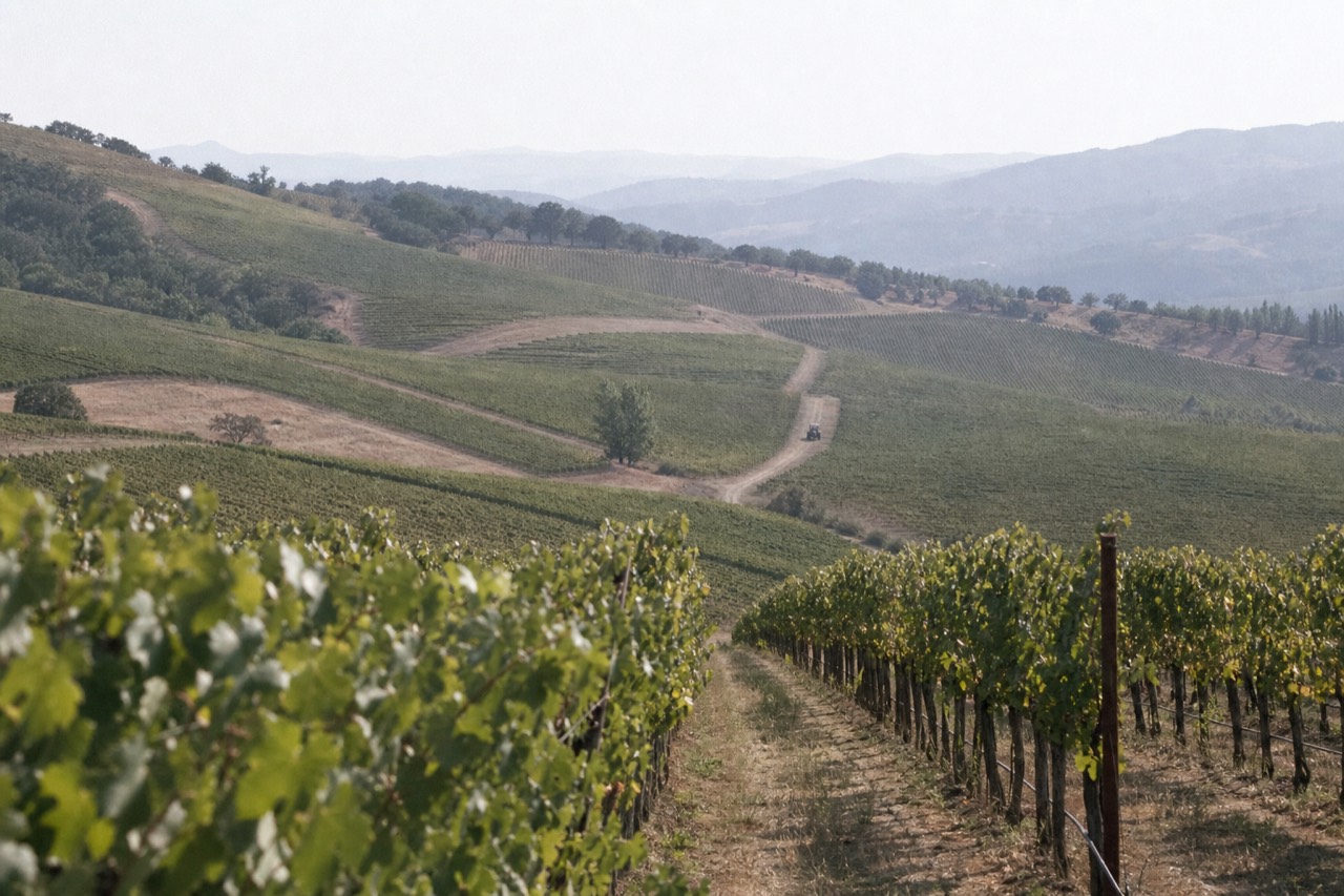 Vineyard rows on a valley hillside under a hazy sky, no text, no logos, no people.