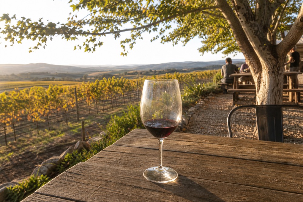 A glass of red wine on a wooden table beside a vineyard at golden hour, no text, no logos, no people