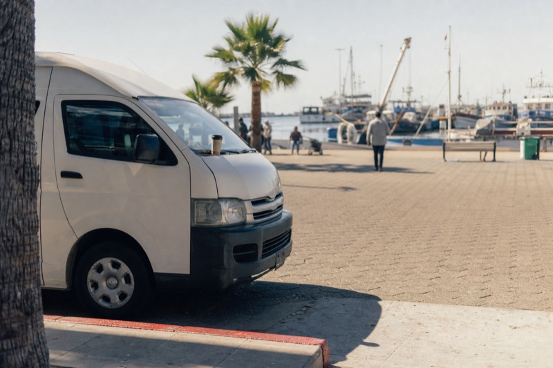 A small tour van parked on a sunlit Ensenada street near the harbor