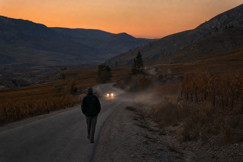 Dusk falling over a quiet valley road with vineyards on both sides, no text, no logos, no people