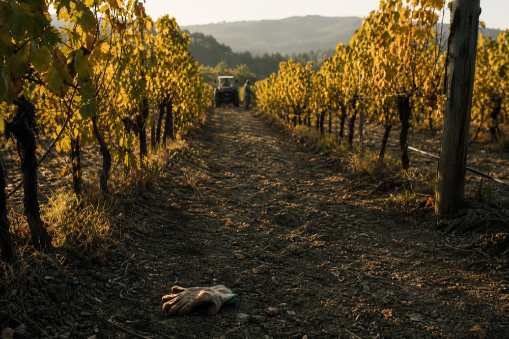 Golden afternoon light over vineyard rows in Valle de Guadalupe, no text, no logos, no people