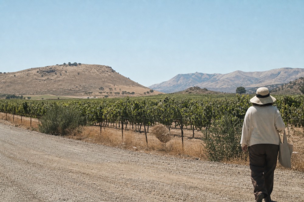 Dry golden hills and green vineyard rows under a clear Baja sky, no text, no logos, no people