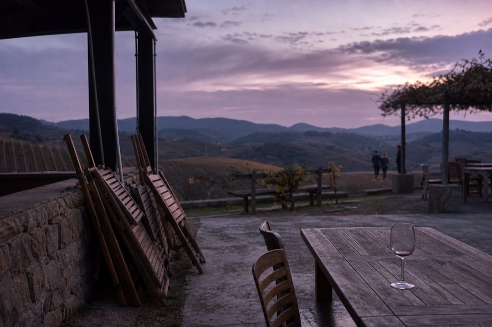 An empty vineyard terrace at dusk with soft light over the hills, no text, no logos, no people
