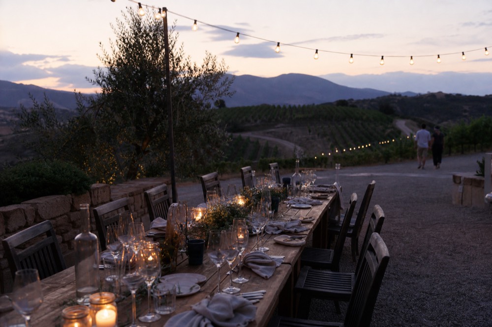 A long table set for lunch on a vineyard terrace at the end of the day, no text, no logos, no people.