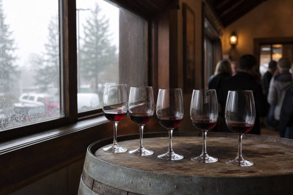 A tasting flight of red wines on a rustic barrel top, no text, no logos, no people