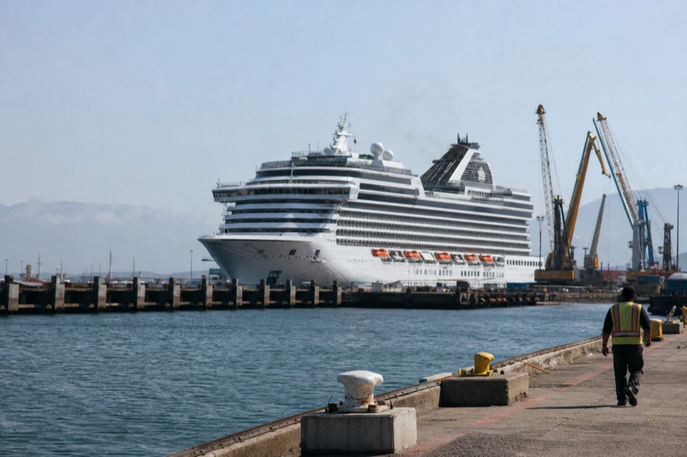 A cruise ship docked at the Ensenada waterfront, no text, no logos, no people