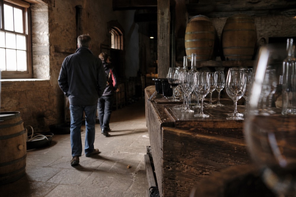 A rustic tasting room interior with wooden barrels and glasses on a counter, no text, no logos, no people.