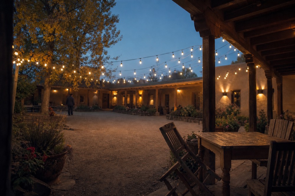 A lit hotel courtyard with string lights and adobe walls in the evening, no text, no logos, no people