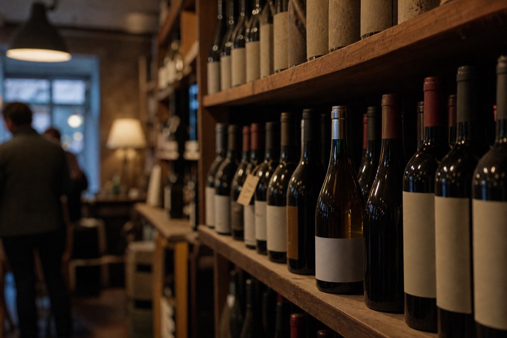 Wine bottles displayed on wooden shelves in a small Baja winery tasting room, no text, no logos, no people