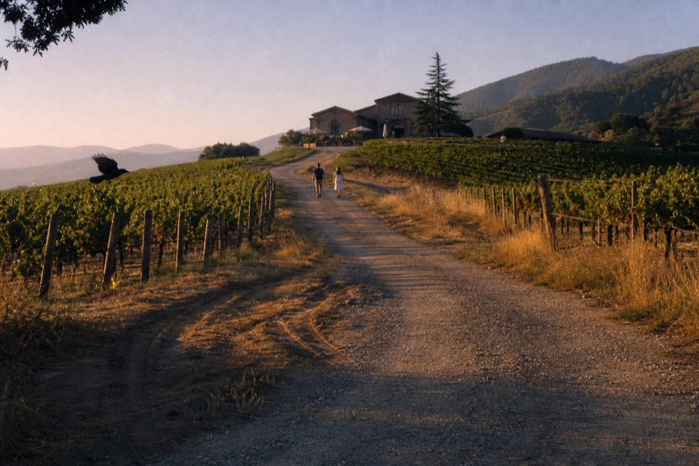 A gravel road winding between vineyard rows toward a hillside winery building at golden hour, no text, no logos, no people