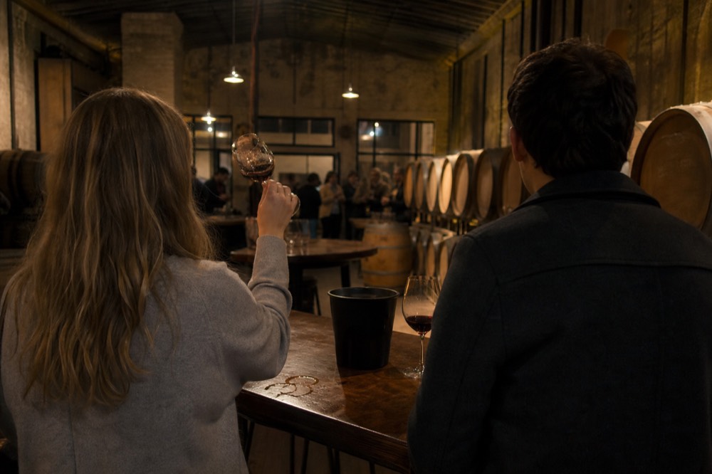Couple tasting red wine at a winery bar in the Valle de Guadalupe, no text, no logos, no people