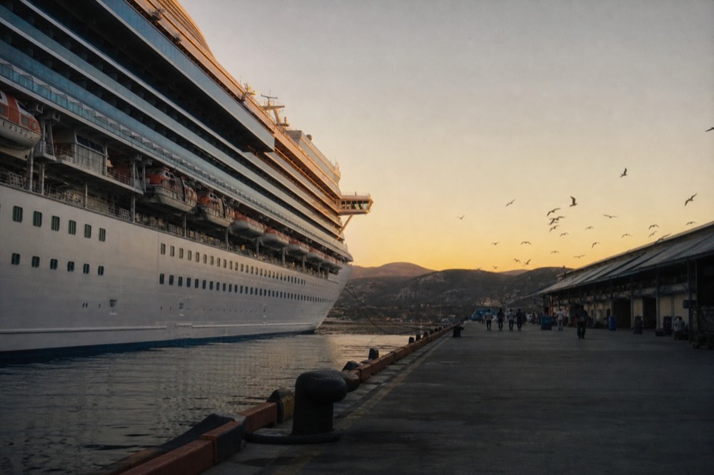 Cruise ship at dusk seen from the Ensenada harbor, no text, no logos, no people