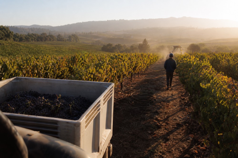 Sunset light over vineyard rows and rolling hills in Valle de Guadalupe, no text, no logos, no people