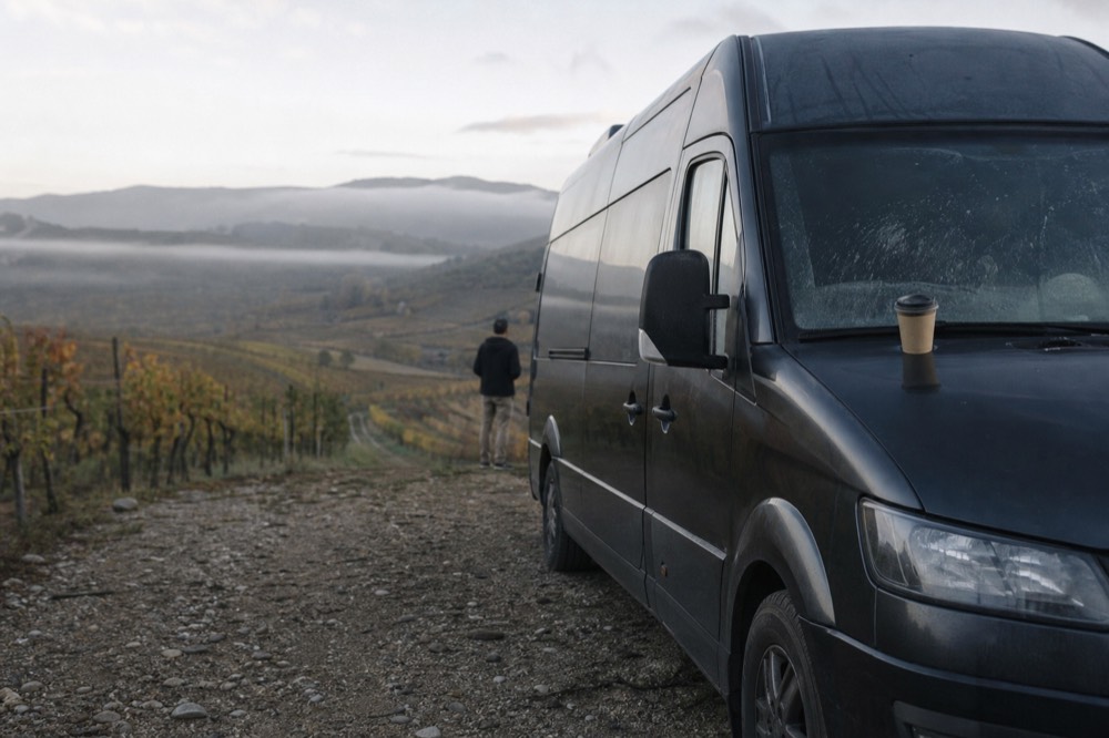 A private van parked on a gravel road beside vineyards in Valle de Guadalupe, no text, no logos, no people