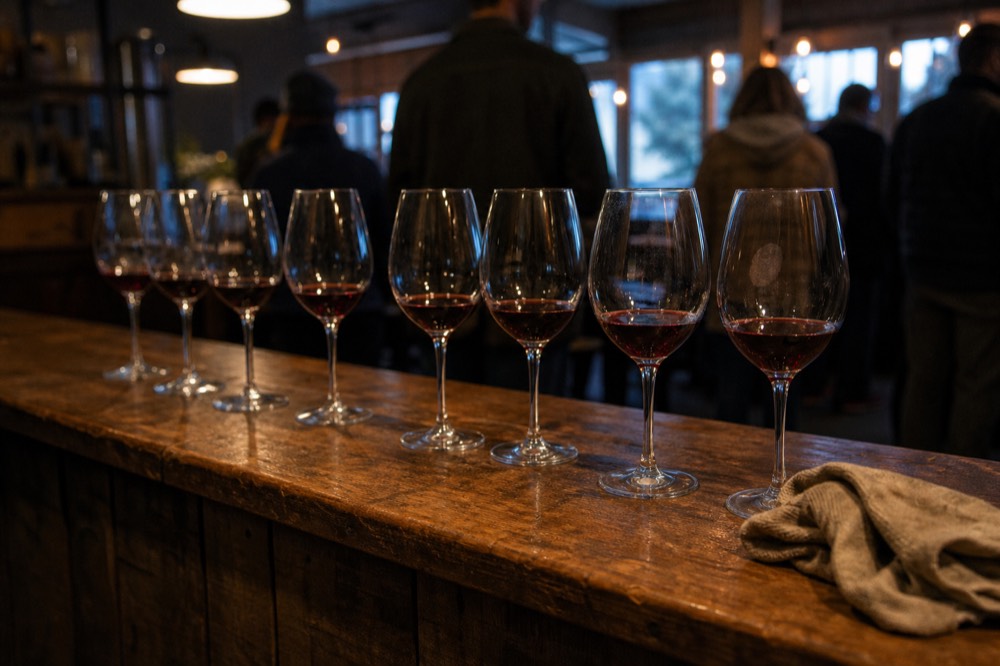 Glasses of red wine lined up on a rustic tasting room bar counter, no text, no logos, no people